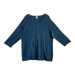 CHICO'S 4 Women XXL 20 Tunic Top Dark Teal 1/2 Buttons 3/4 Sleeve Pima Cotton 44